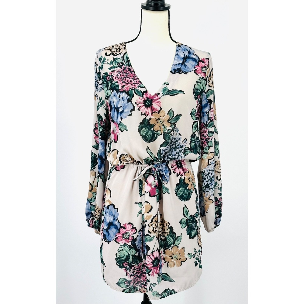 EIGHT SIXTY Women's M Floral V-Neck Long Sleeve Drawstring‎ Waist Shirt Dress